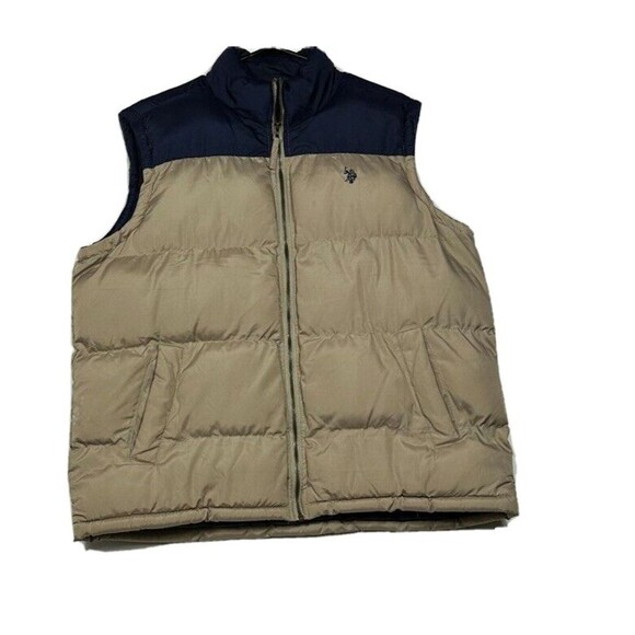 US Polo Assn Mens Puffer Jacket Large Blue Khaki Logo Full Zip Color block - Picture 1 of 9